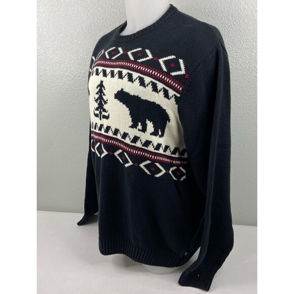 CHAPS RL Fair Isle Black Bear Sweater Mens XL 100% Cotton Knit Crewneck Pullover - Picture 4 of 9